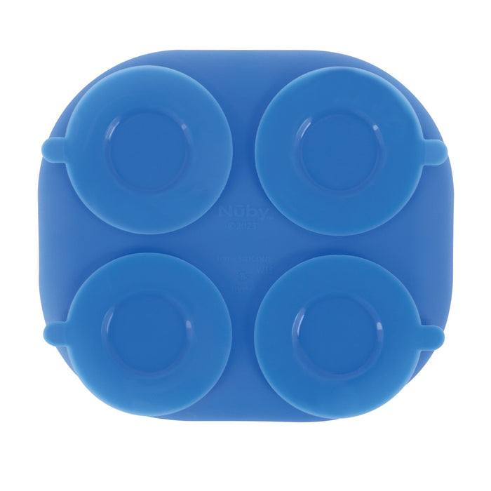 The Nuby Rectangular Silicone Suction Plate (2 Pack) in Yellow/Blue has four cup-shaped compartments with handle-like extensions—ideal for spill-free, easy baby mealtime.