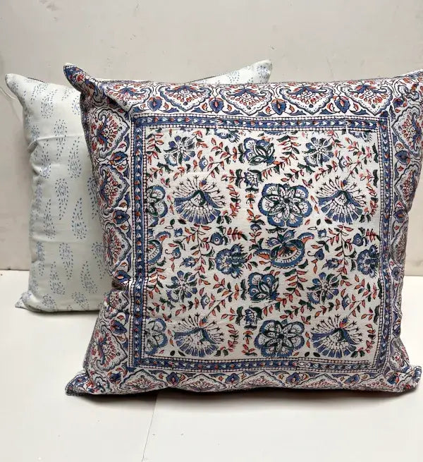 Refined Whimsical Blue Starflower Block Print Pillow 24x24 with Insert