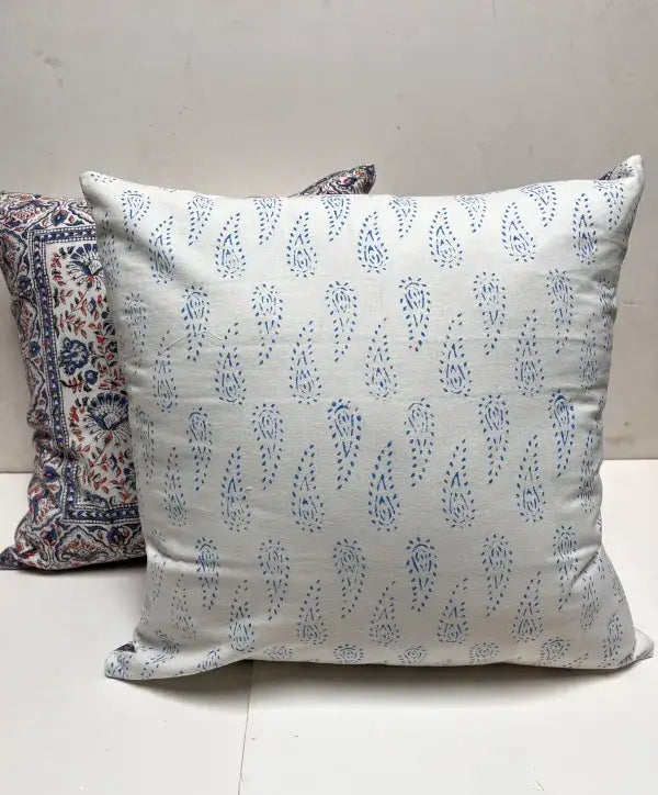 Refined Whimsical Blue Starflower Block Print Pillow 24x24 with Insert