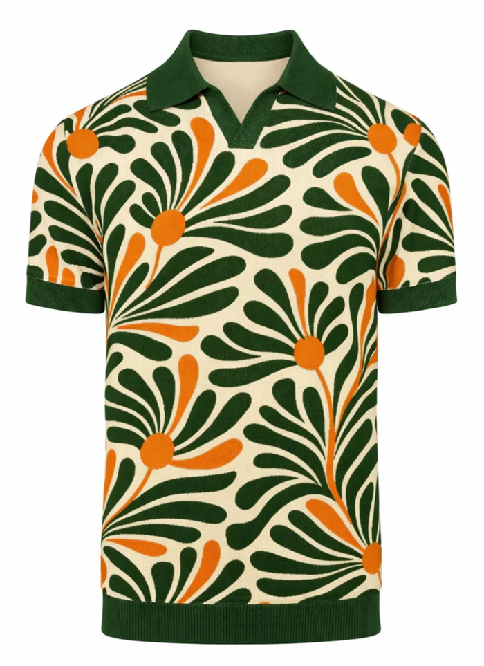 Retro Art Floral Jacquard Knit Polo
