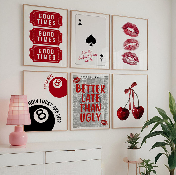 Retro Red Wall Art Set of 6, Good Times Quote Prints, Better Late Than Ugly Poster, Preppy Playful Girls Night College Apartment Decor