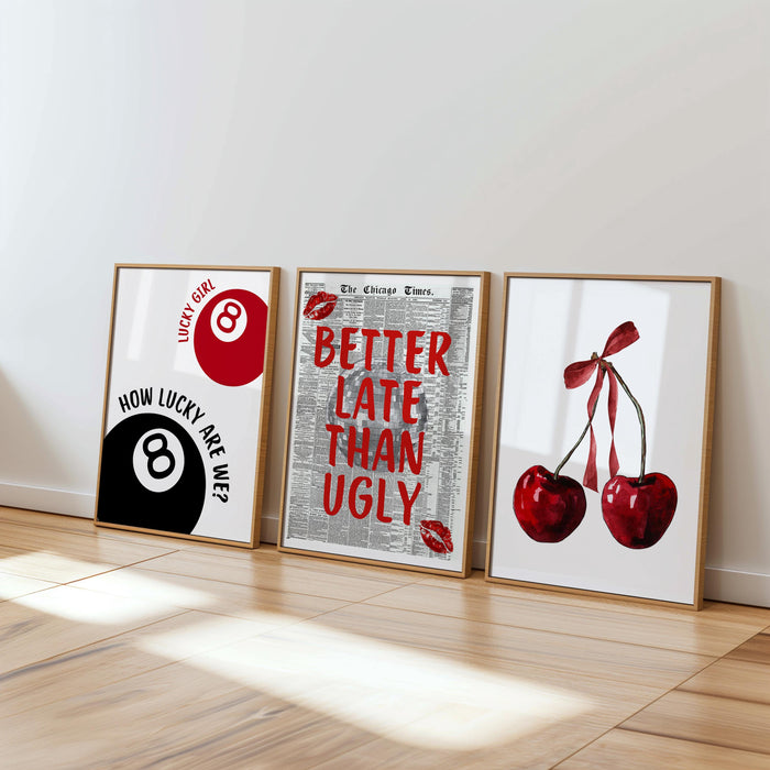 Retro Red Wall Art Set of 6, Good Times Quote Prints, Better Late Than Ugly Poster, Preppy Playful Girls Night College Apartment Decor