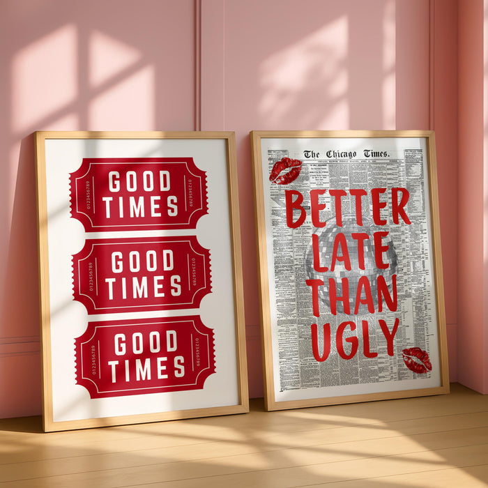 Retro Red Wall Art Set of 6, Good Times Quote Prints, Better Late Than Ugly Poster, Preppy Playful Girls Night College Apartment Decor