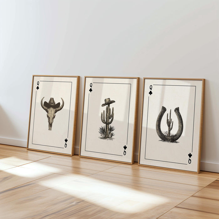 Rustic Western Wall Art Set of 3 Prints, Cowboy Bull Skull Cactus Horseshoe Decor, Country Farmhouse Ranch Style Poster, DIGITAL DOWNLOAD