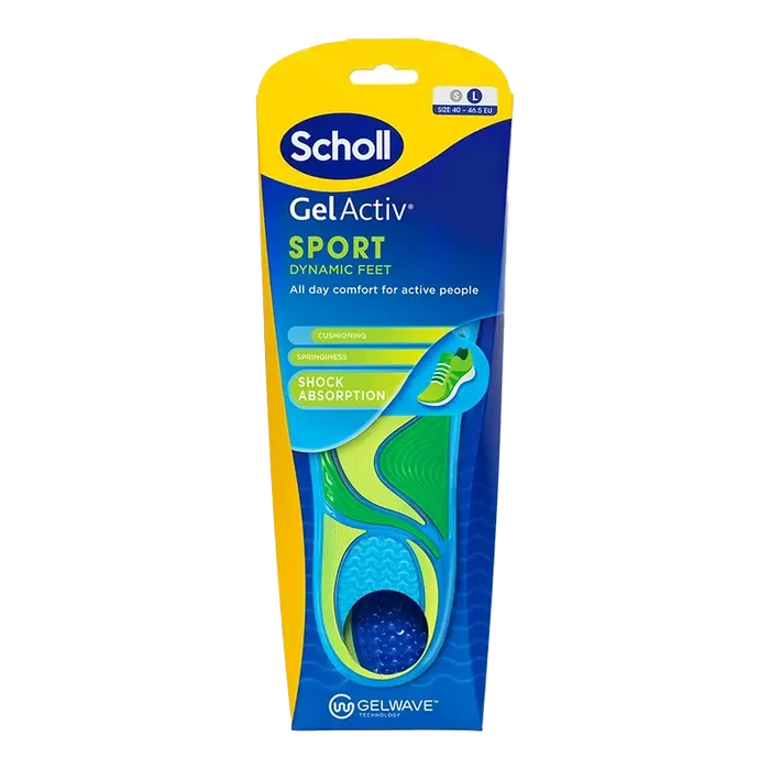 Scholl GelActiv Sport innleggssåle i blått med gelhæl, størrelse 40-46.5 EU