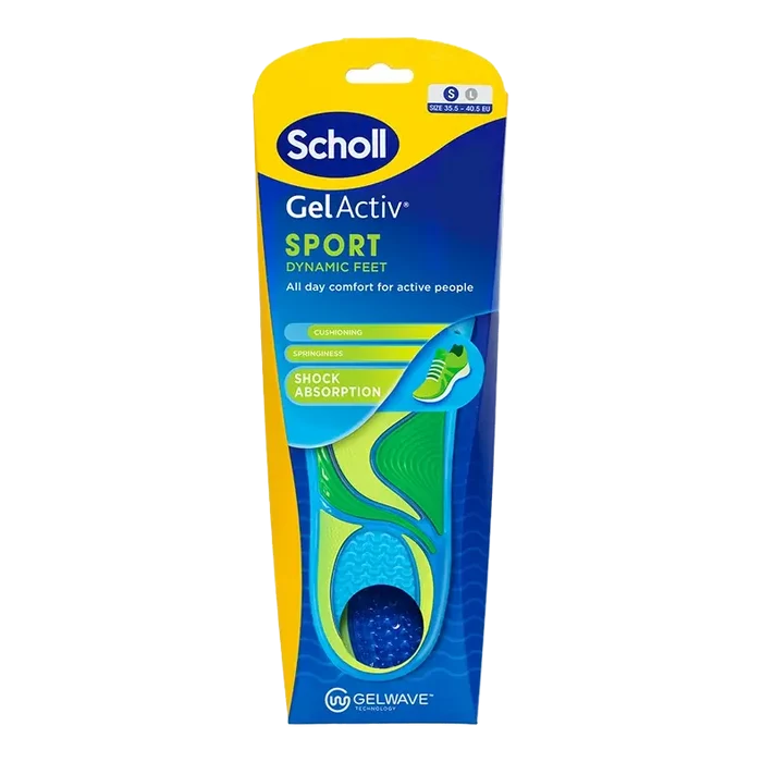 Scholl GelActiv Sport innleggssåle i blått med gelhæl, størrelse 35.5-40.5 EU