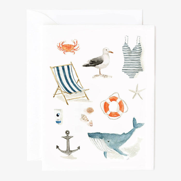 A set of notecards featuring watercolor illustrations of a crab, a seagull, a striped swimsuit, a deck chair, a lifebuoy, an anchor, a starfish, and a whale.