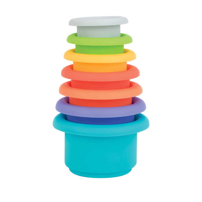 Silicone Stacking Cups are colorful, round cups in blue, purple, orange, red, yellow, green, and gray—stacked from largest to smallest to support baby development.