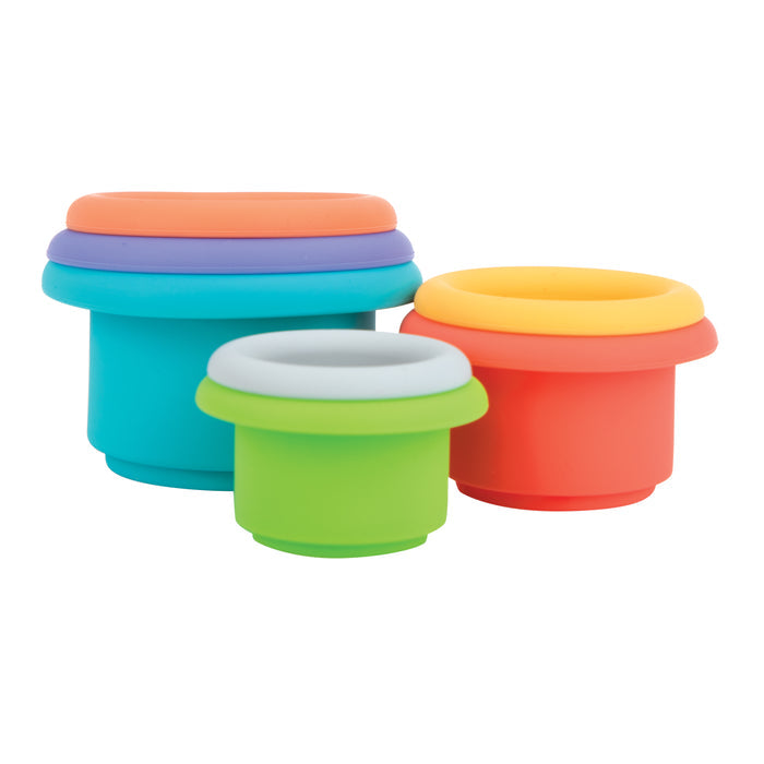 Three colorful, round silicone storage containers of different sizes are nested together. The containers are blue with orange lids, green with gray lids, and red with yellow lids, all stacked on a white background.