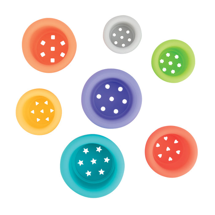 Silicone Stacking Cups in orange, yellow, turquoise, purple, green, red, and gray feature star, circle, and triangle cut-outs. These colorful stacking toys promote baby development and are shown arranged on a white background.