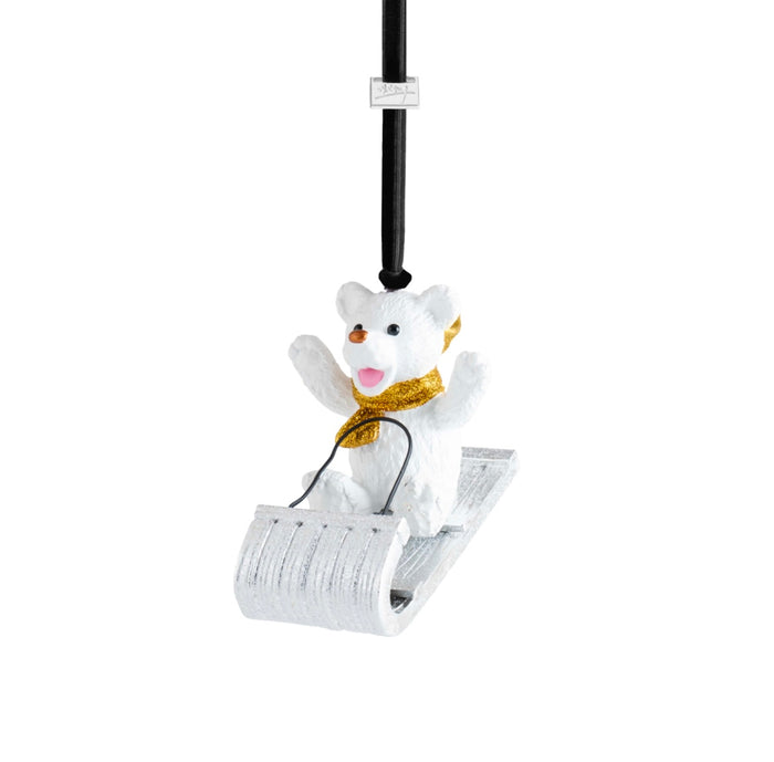 Michael Aram sledding teddy ornament, metal with playful design, for whimsical decoration.