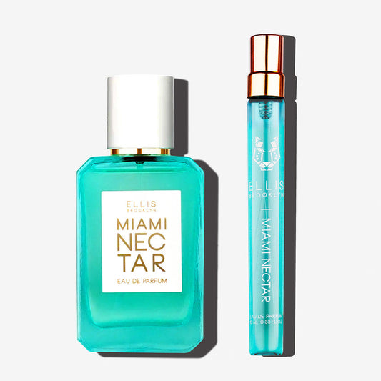 Miami Nectar 50ml Eau De Parfum and Miami Nectar 10ml Eau De Parfum Travel Spray on white background.