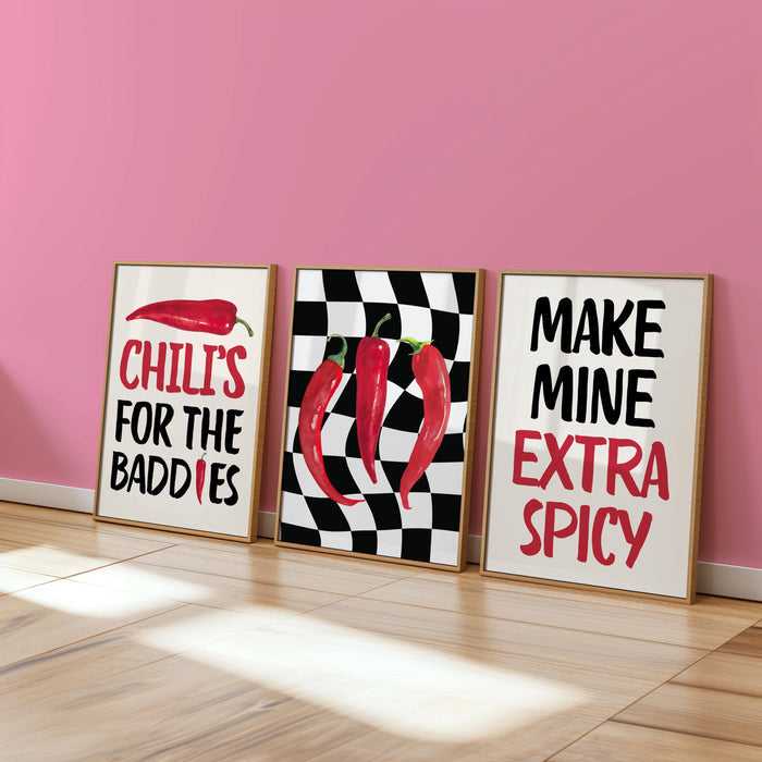 Kitchen Wall Art Spicy Chilli Print, Set of 3 Kitchen Prints, Typography Art, Trendy Wall Art, Restaurant Decor, Bar Cart Art, DIGITAL ART