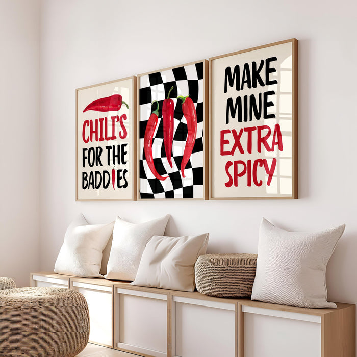 Kitchen Wall Art Spicy Chilli Print, Set of 3 Kitchen Prints, Typography Art, Trendy Wall Art, Restaurant Decor, Bar Cart Art, DIGITAL ART