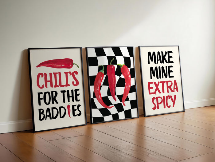 Kitchen Wall Art Spicy Chilli Print, Set of 3 Kitchen Prints, Typography Art, Trendy Wall Art, Restaurant Decor, Bar Cart Art, DIGITAL ART