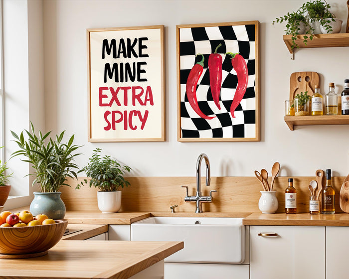 Kitchen Wall Art Spicy Chilli Print, Set of 3 Kitchen Prints, Typography Art, Trendy Wall Art, Restaurant Decor, Bar Cart Art, DIGITAL ART