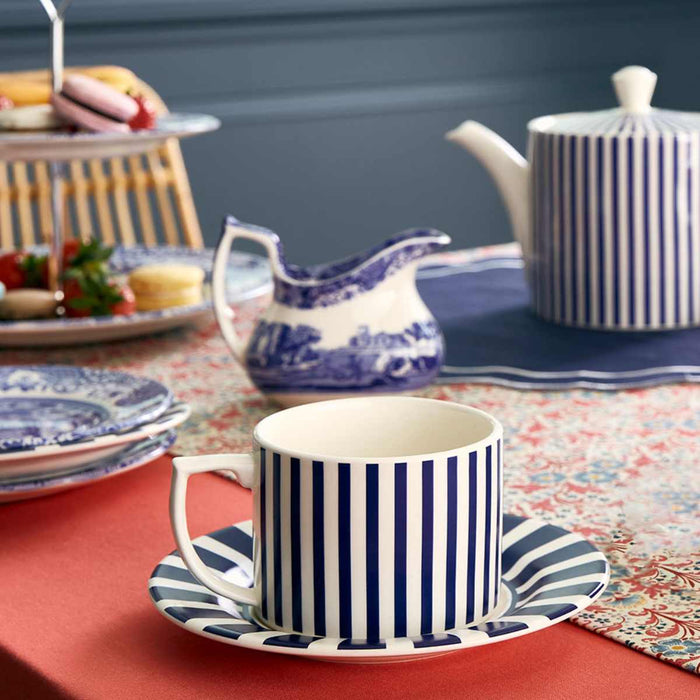 Spode Blue Italian Steccato Narrow Stripes Teacup & Saucer