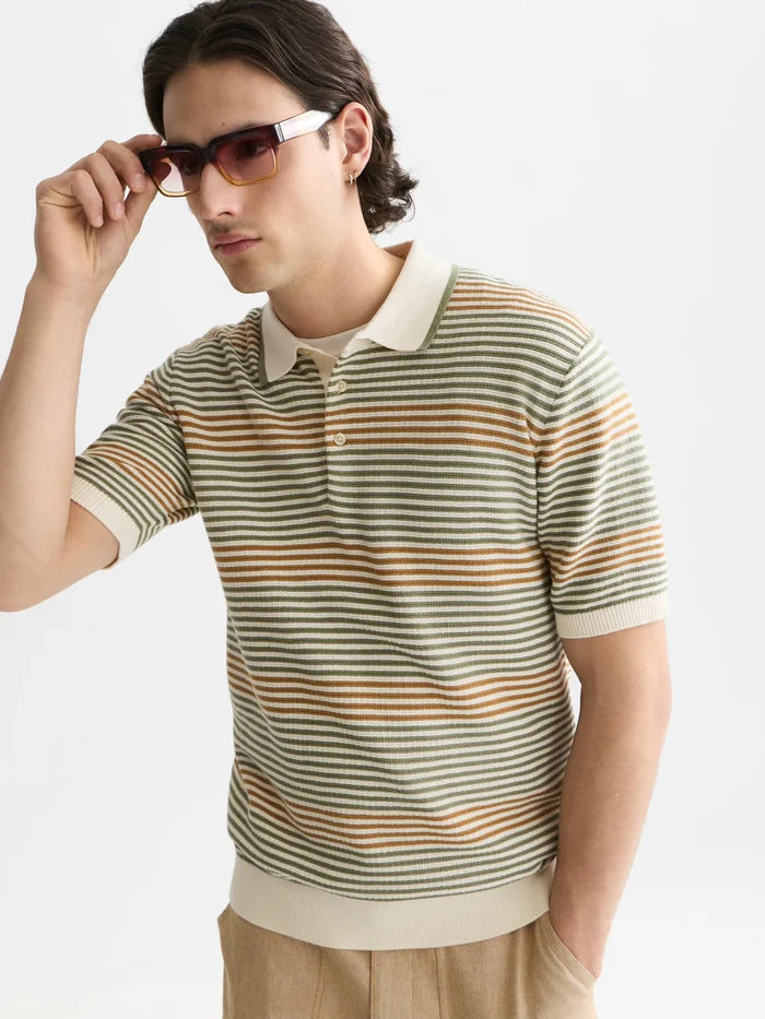 Striped Structured Knitted Regular-Fit Polo Oil Green Stripe
