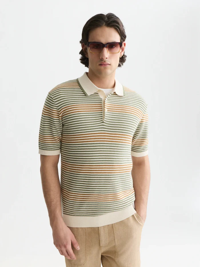 Striped Structured Knitted Regular-Fit Polo Oil Green Stripe