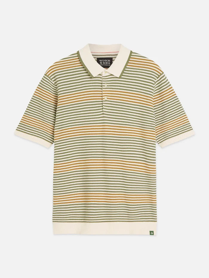 Striped Structured Knitted Regular-Fit Polo Oil Green Stripe