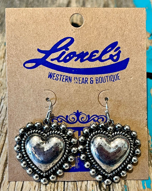 Studded Silver Heart Drop Earrings