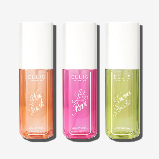 NEW CRUSH Perfume Mist 90ml, LOVE POM Perfume Mist 90ml, FOREVER PISTACHIO Perfume Mist 90ml on white background