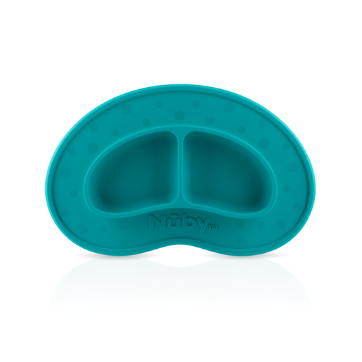 The Nuby Sure Grip Miracle Mat 2-Section Plate in Aqua is an oval silicone suction plate with divided sections and a dotted rim—perfect for baby tableware collections.