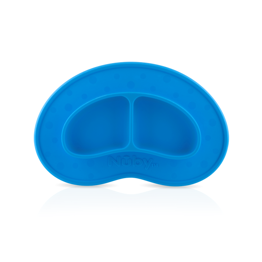 The Nuby Sure Grip Miracle Mat 2-Section Plate in blue features an oval, non-slip silicone design with divided sections and raised dots on the rim. The embossed brand name appears near the bottom. Plate is shown against a white background.