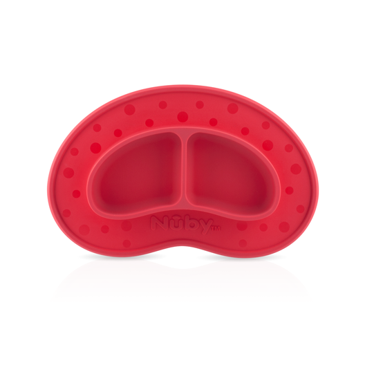 The Nuby Sure Grip Miracle Mat 2-Section Plate in red features a semi-circular, non-slip silicone design with divided sections and a polka dot rim—ideal baby tableware for mealtime.