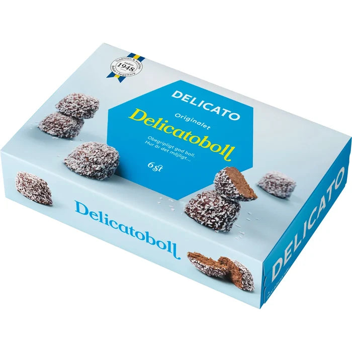 Delicato Delicatoboll 6-pack – classic Swedish coconut chocolate balls included in the Swedish Fika Box Medium