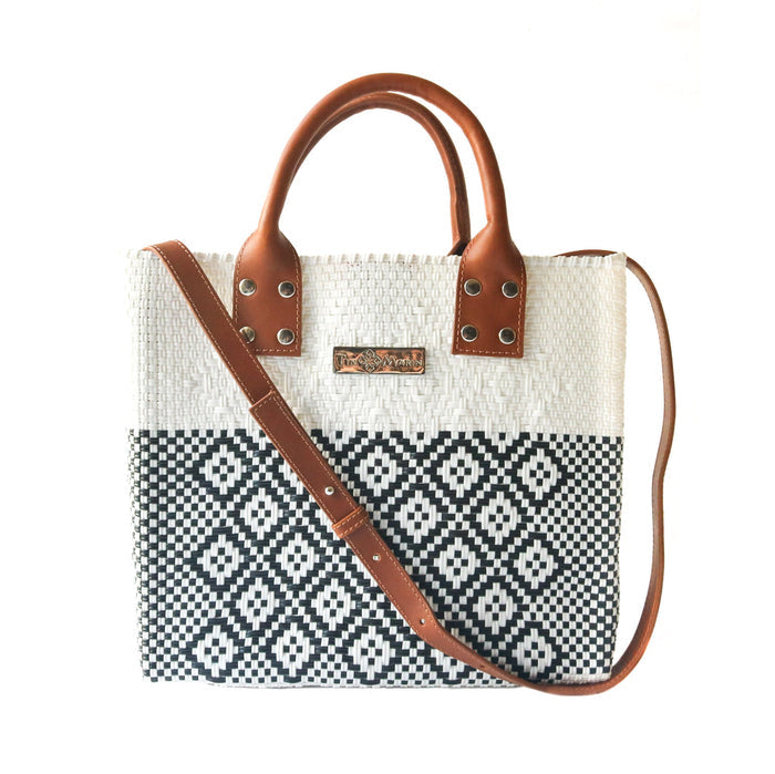 Tin Marin White Large Woven Crossbody Bag - Tan Leather - Olita Gifts & Goods