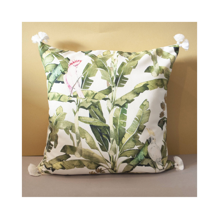 Amazonas 18x18 inch pillow, with a vibrant and artistic pattern, displayed on a sofa