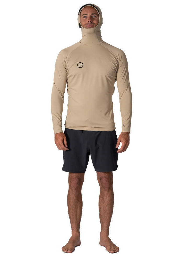 Vissla Warm Seas hooded long sleeve rashguard sand UPF 50 quick dry.