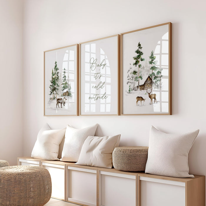 Winter Cabin Wall Art Set of 3, Rustic Deer Prints, Snowy Forest Scandinavian Christmas Decor, Cozy Woodland Holiday Posters Artwork DIGITAL