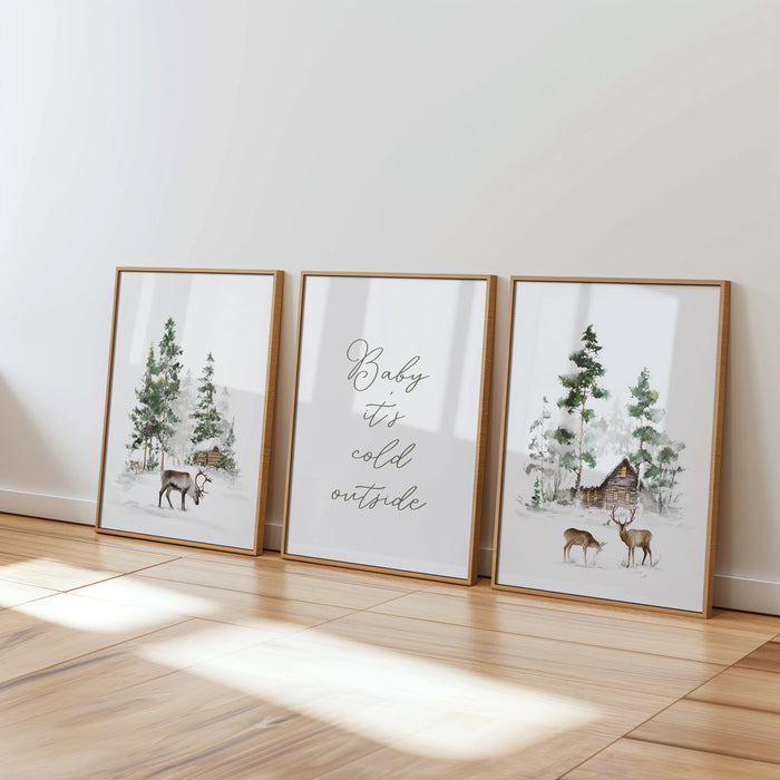 Winter Cabin Wall Art Set of 3, Rustic Deer Prints, Snowy Forest Scandinavian Christmas Decor, Cozy Woodland Holiday Posters Artwork DIGITAL