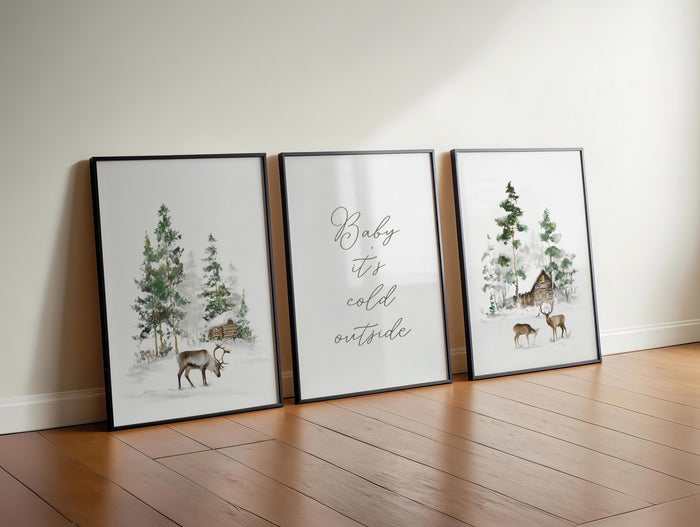 Winter Cabin Wall Art Set of 3, Rustic Deer Prints, Snowy Forest Scandinavian Christmas Decor, Cozy Woodland Holiday Posters Artwork DIGITAL