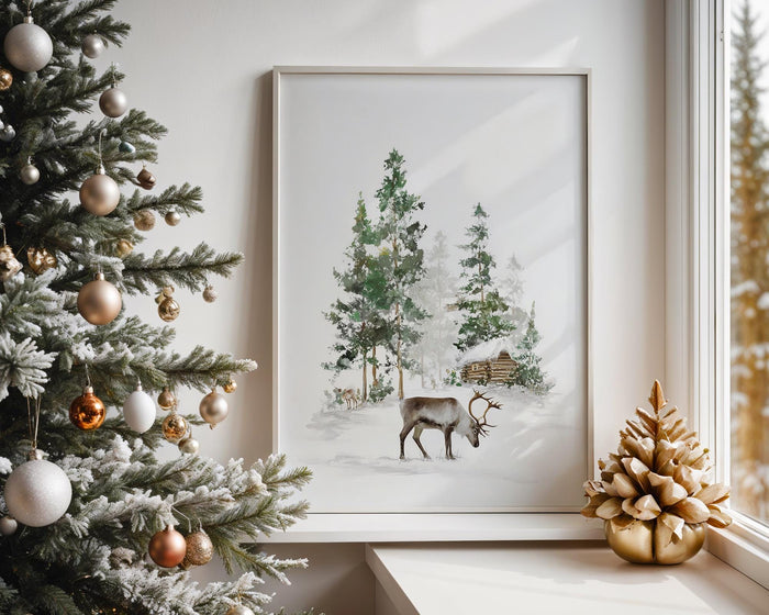 Winter Cabin Wall Art Set of 3, Rustic Deer Prints, Snowy Forest Scandinavian Christmas Decor, Cozy Woodland Holiday Posters Artwork DIGITAL