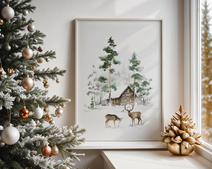 Winter Cabin Wall Art Set of 3, Rustic Deer Prints, Snowy Forest Scandinavian Christmas Decor, Cozy Woodland Holiday Posters Artwork DIGITAL